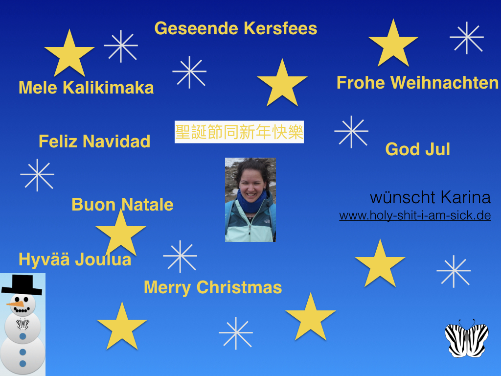 Ein Bild von einer Frau mit kurzen braunen Haaren, die im Wind verwehen. Sie trägt eine blaue Halskrause und eine Regenjacke. Um das Bild herum findet sich "Frohe Weihnachten" in den unterschiedlichsten Sprachen, ein Schneemann, Sterne und Schneeflocken