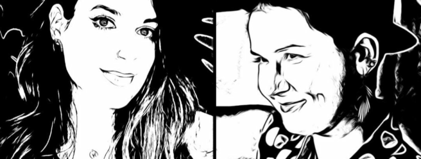Comichefte schwarz-weiß Bilder von Rea, einer Frau mit langen braunen Haaren und Karina, einer Frau mit schwarzem Hut. Text: Rea & ME/CFS, Aches, Pains, Smiles Episode 1