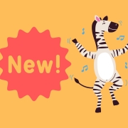 Ein tanzendes Zebra auf gelbem Hintergrund. Text: New!