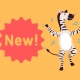 Ein tanzendes Zebra auf gelbem Hintergrund. Text: New!