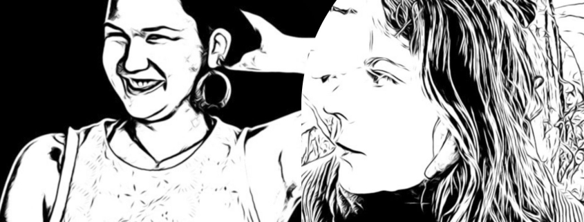 Zwei schwarz-weiße comichafte Illustrationen von zwei Personen. Eine Frau mit schwarzem Hut und großen runden Ohrringen, die lacht. Eine Person mit langen Haaren, die zur Seite schaut.