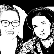 Zwei schwarz-weiß Illustrationen von zwei Frauen. Eine trägt einen Hut und Ohrringe. Die andere trägt eine runde Brille, einen Pferdeschwanz und lacht.