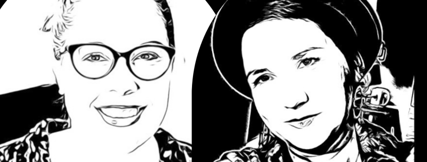 Zwei schwarz-weiß Illustrationen von zwei Frauen. Eine trägt einen Hut und Ohrringe. Die andere trägt eine runde Brille, einen Pferdeschwanz und lacht.